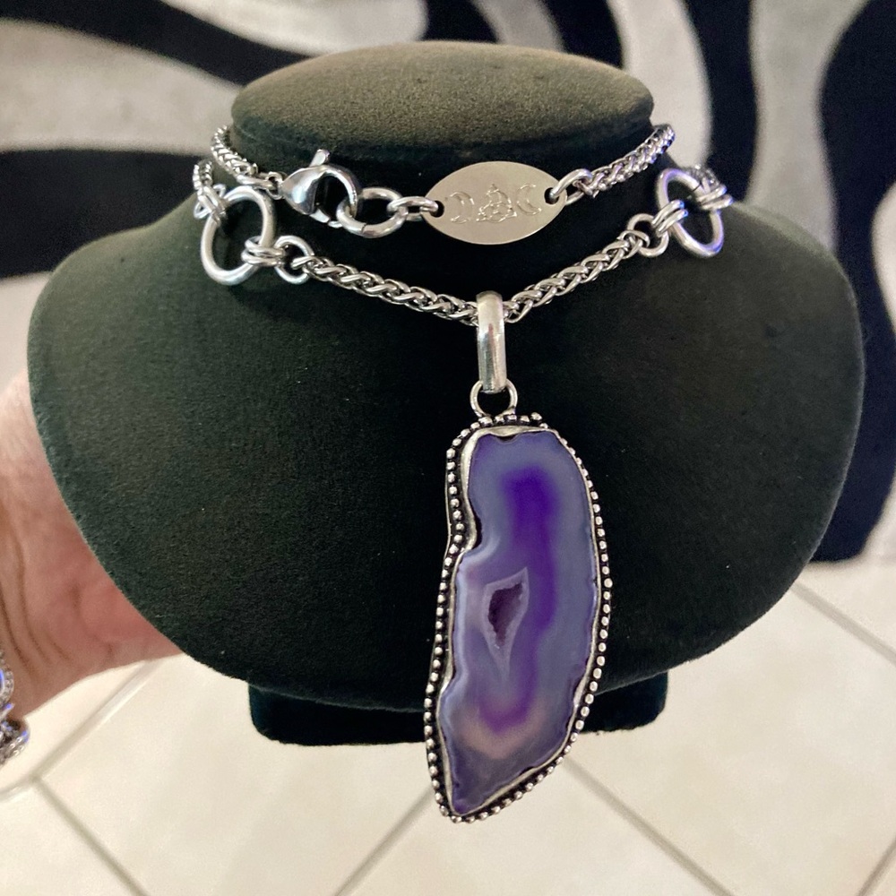 925 sterling silver overlay Purple agate slice gemstone charm boho necklace .